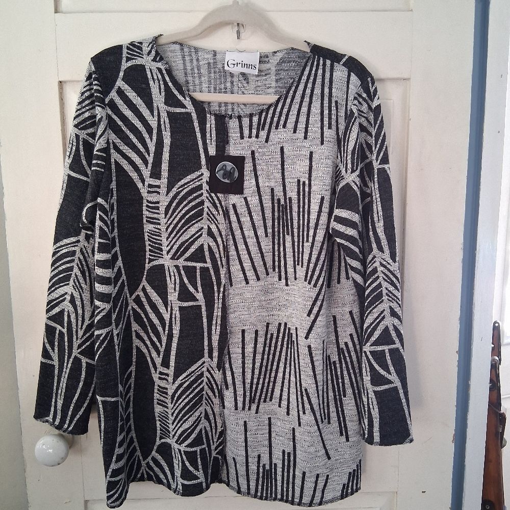 Grinns Monochrome Abstract Pattern Women's Pullover Tunic Sweater Sz L